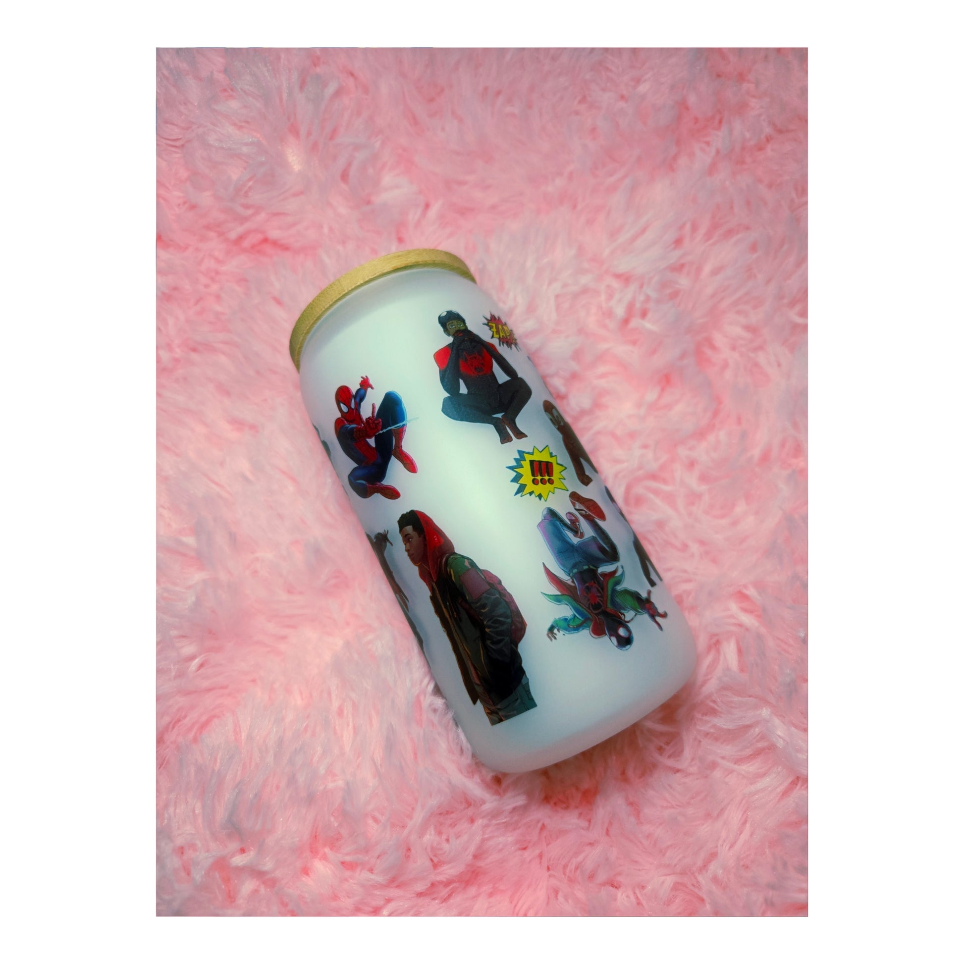 Miles Morales Spiderman Frosted Glass Cup with Straw