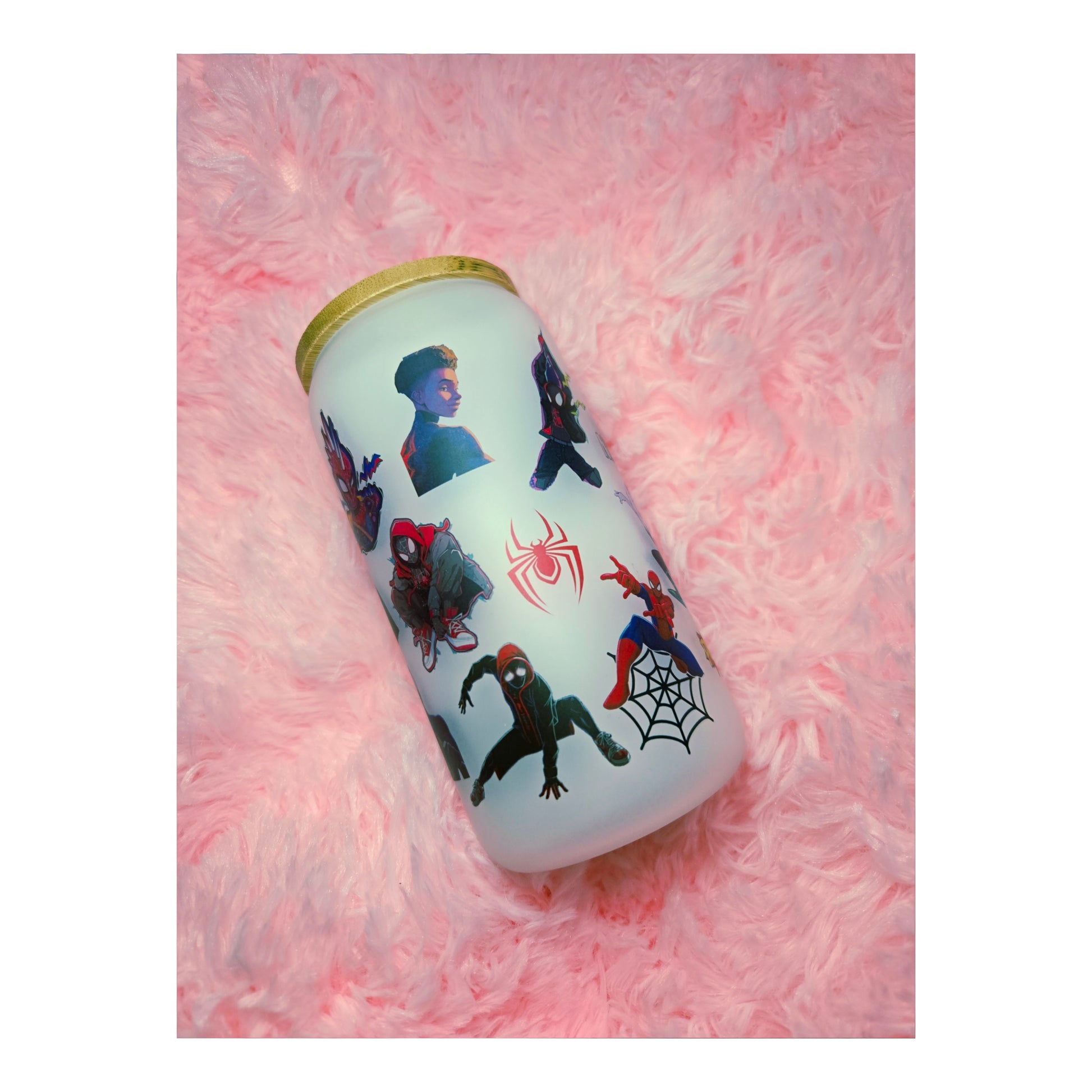 Miles Morales Spiderman Frosted Glass Cup with Straw