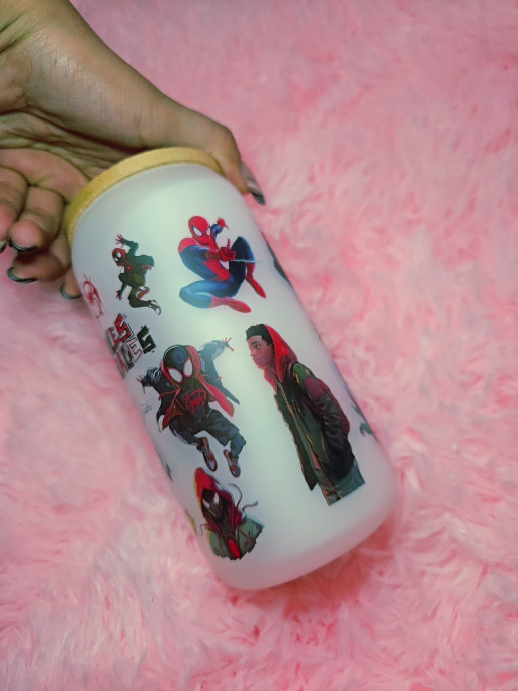Miles Morales Spiderman Frosted Glass Cup with Straw